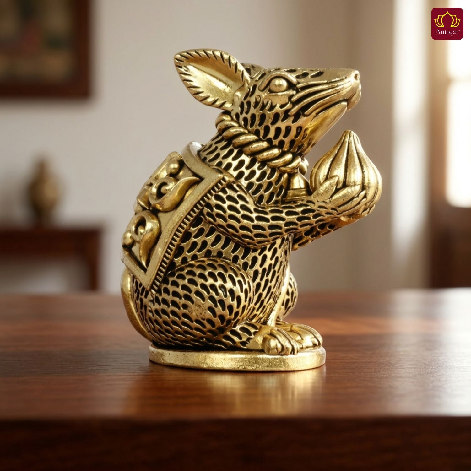 Brass Mooshak Raj (Rat ) Idol – 7.5 cm | Antique Golden Finish | Spiritual Use for Home, Temple & Car Dashboard Decor