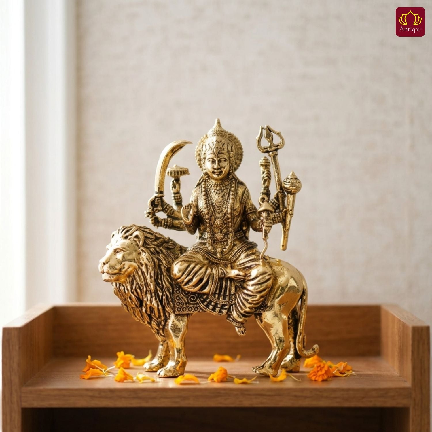 Brass Sherawali Maa Idol - 5.5cm | Sitting on Lion | Golden Finish | Spiritual Idol for Temple & Home Decor
