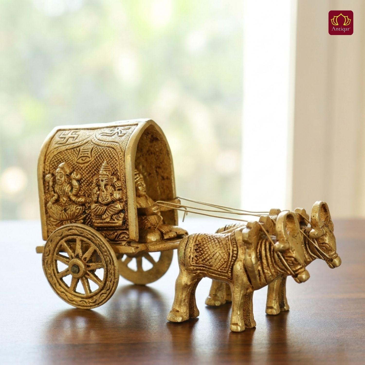 Brass Bullock Cart Showpiece – 10 cm | With Lakshmi & Ganesh Carving on Sides | Antique Golden Finish | Handcrafted Decor for Temple, Home & Festival Use