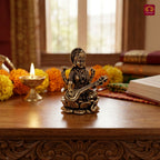 Brass Miniature Saraswati Ji Idol - 3cm | Antique Finish | Spritual use for Home, Temple & Car Dashboard Decor