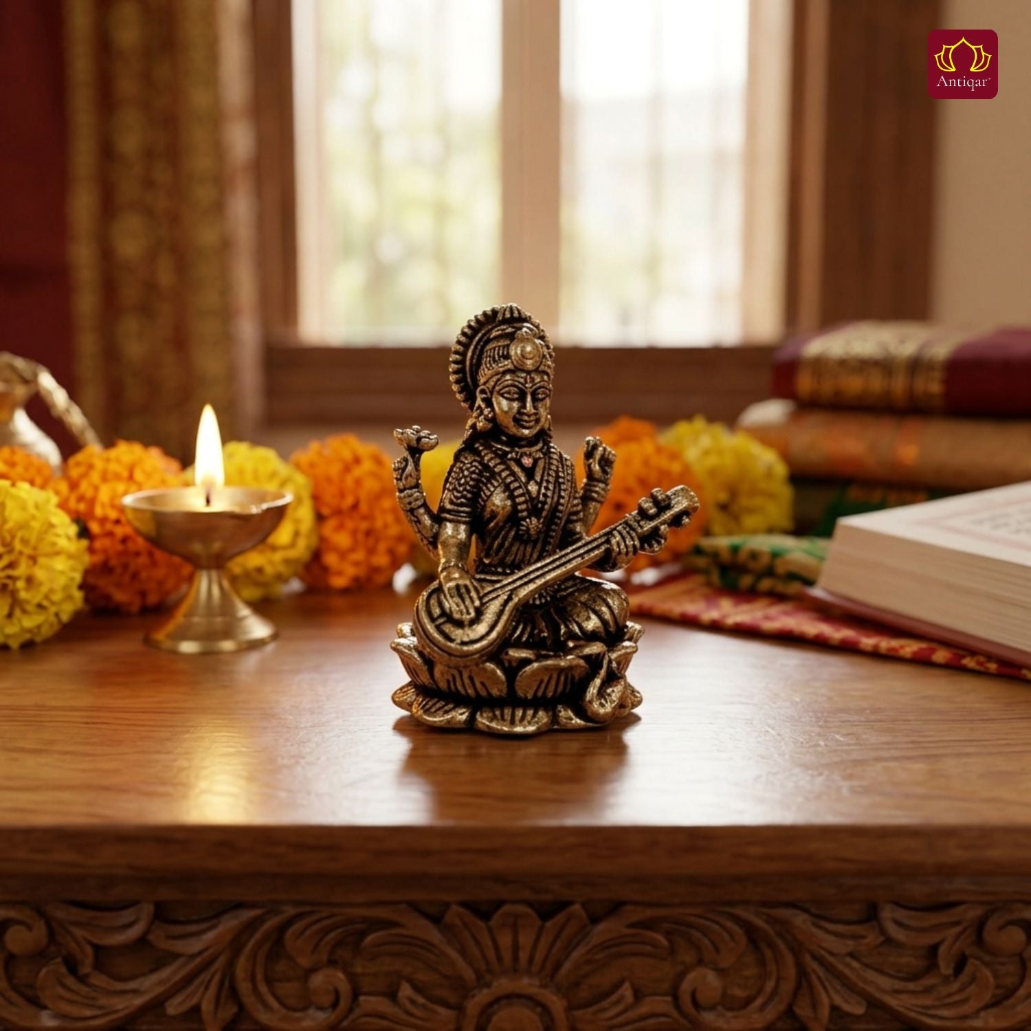 Brass Miniature Saraswati Ji Idol - 3cm | Antique Finish | Spritual use for Home, Temple & Car Dashboard Decor