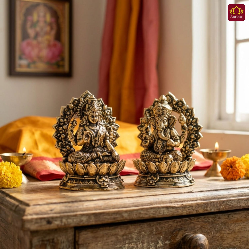 Brass Ganesh Laxmi Pair Idol - 4 cm | Golden Finish With Frame | Spiritual Idol for Temple & Home Decor