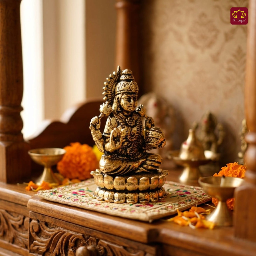 Brass Lakshmi JI Idol - 4.5cm | Golden Finish | Spiritual Decor for Temple, Home & Car Dashboard