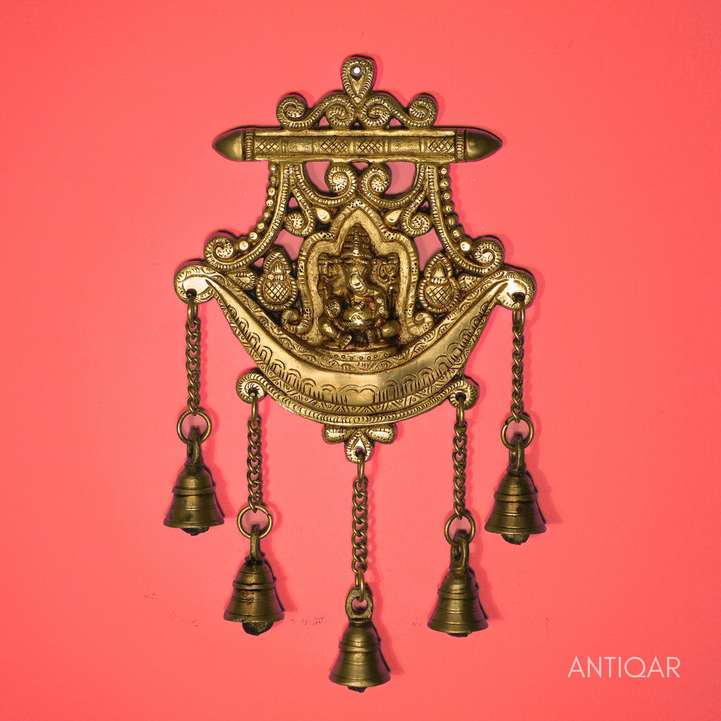 Brass Ganesha Wall Hanging – 32 cm | With Five Bells & Carved Background | Antique Golden Finish | Handcrafted Showpiece for Temple, Home & Wall Decor
