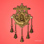 Brass Ganesha Wall Hanging – 32 cm | With Five Bells & Carved Background | Antique Golden Finish | Handcrafted Showpiece for Temple, Home & Wall Decor
