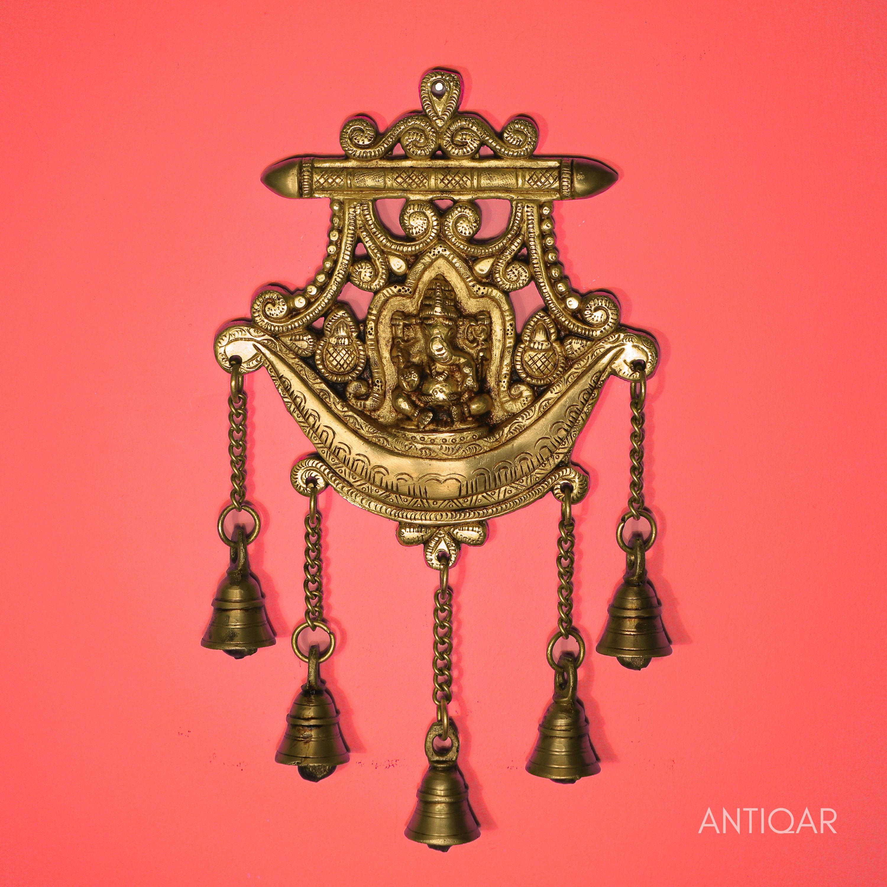 Brass Ganesha Wall Hanging – 32 cm | With Five Bells & Carved Background | Antique Golden Finish | Handcrafted Showpiece for Temple, Home & Wall Decor