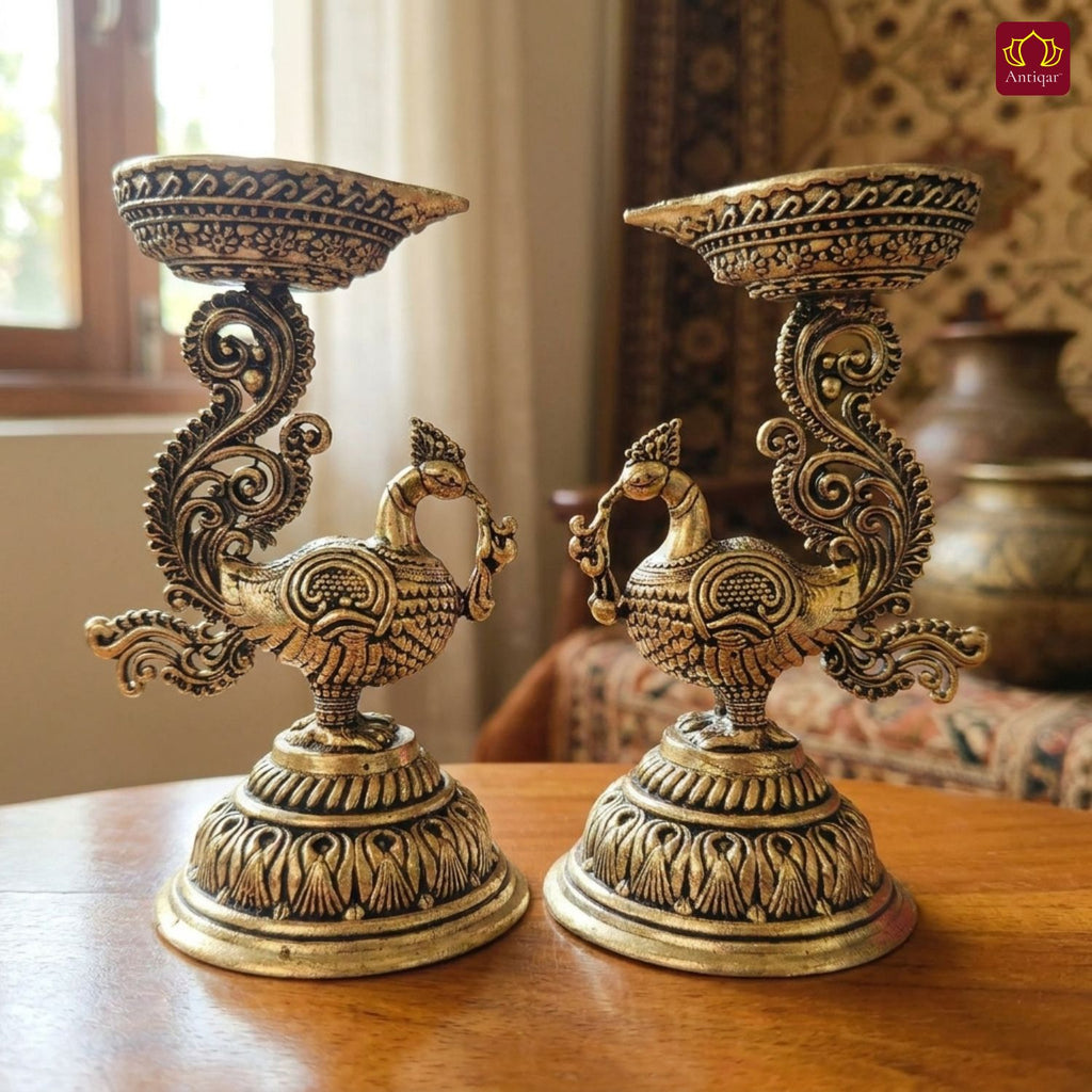 Brass Peacock Diya - 8cm | Antique Finish | Spritual use for Pooja, Temple & Festival Decor (Pack of 2)