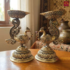 Brass Peacock Diya - 8cm | Antique Finish | Spritual use for Pooja, Temple & Festival Decor (Pack of 2)