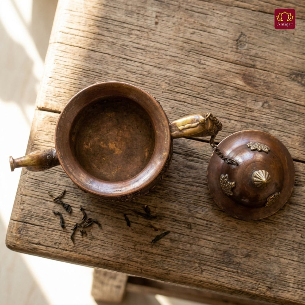 Tibetan Copper Tea & Coffe Kettle - 20cm | Antique Brown Finish |Traditional used for Serving Butter Tea & Spiritual Home Decor