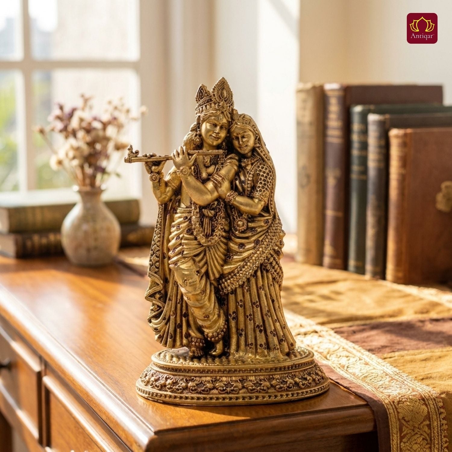 Brass Designer Radhakrishna Idol - 9.5cm | Antique Golden Finish | Spiritual Idol for Temple & Home Decor