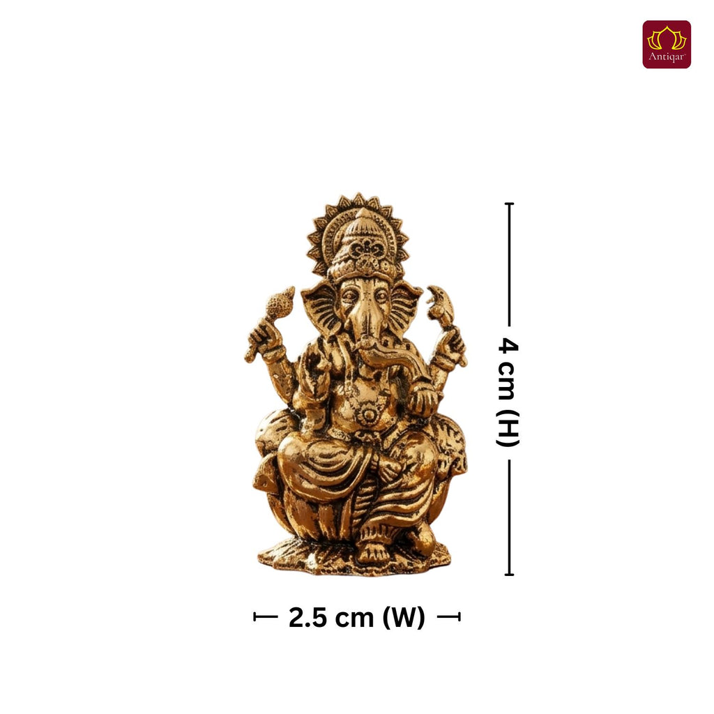 Brass Ganesh JI Idol - 4cm | Golden Finish | Spiritual Decor for Temple, Home & Car Dashboard