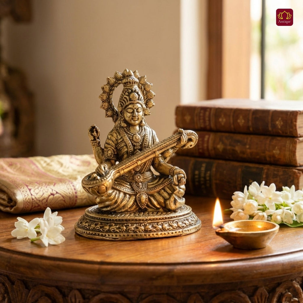 Brass Saraswati Idol - 6.5cm | Antique Finish | Spritual use for Home,Temple & Car Dashboard Decor