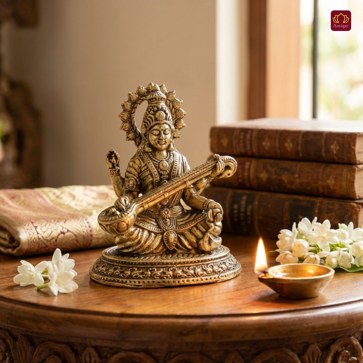 Brass Saraswati Idol - 6.5cm | Antique Finish | Spritual use for Home,Temple & Car Dashboard Decor