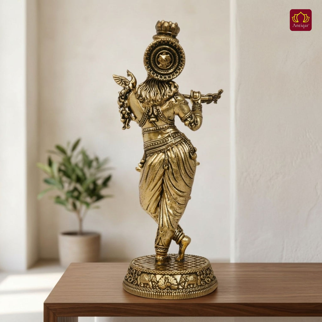 Brass Lord Krishna Idol Playing with Flute - 16.5cm | Antique Finish | Handcrafted Artwork | Home & Office Decor | Ideal for Gifting & Spiritual Blessings