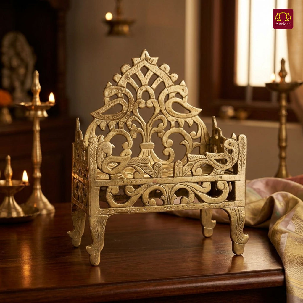 Brass Twin Peacock Embossed Design Laddu Gopal Singhasan – 19cm | Antique Golden Finish | Handcrafted Medium Size Throne for Temple, Home & Festival Decor