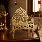 Brass Twin Peacock Embossed Design Laddu Gopal Singhasan – 19cm | Antique Golden Finish | Handcrafted Medium Size Throne for Temple, Home & Festival Decor