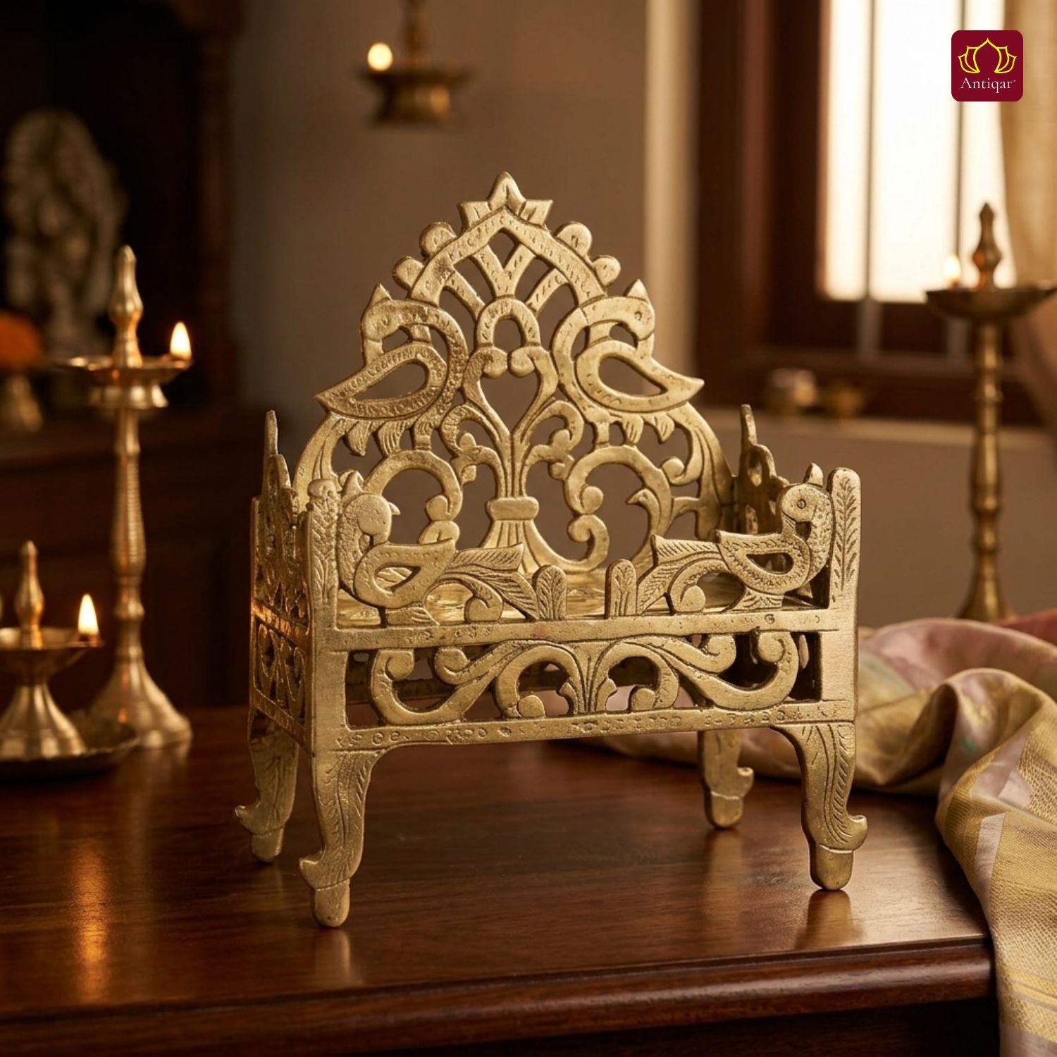 Brass Twin Peacock Embossed Design Laddu Gopal Singhasan – 19cm | Antique Golden Finish | Handcrafted Medium Size Throne for Temple, Home & Festival Decor