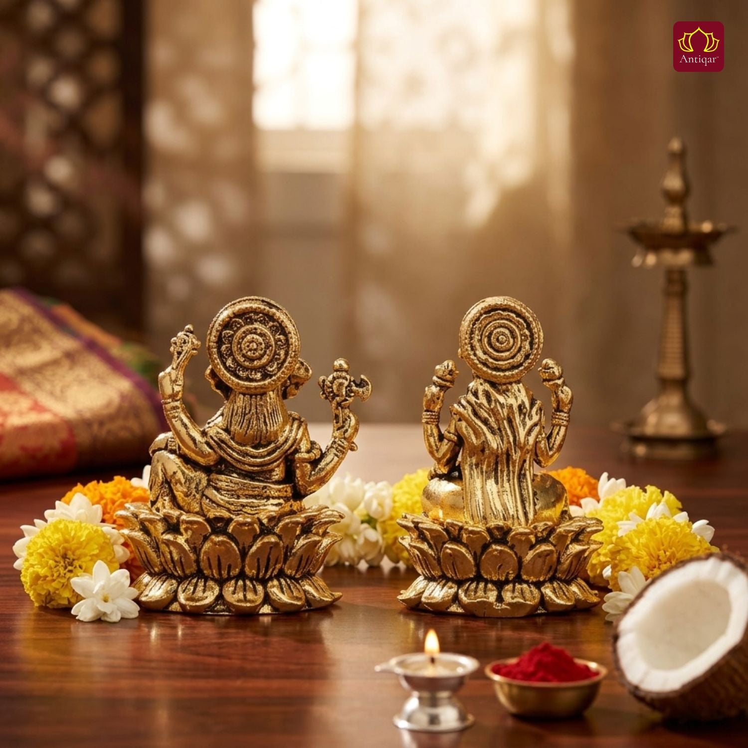 Brass Ganesh Laxmi Pair Idol - 4.5 cm | Golden Finish | Spiritual Idol for Temple & Home Decor