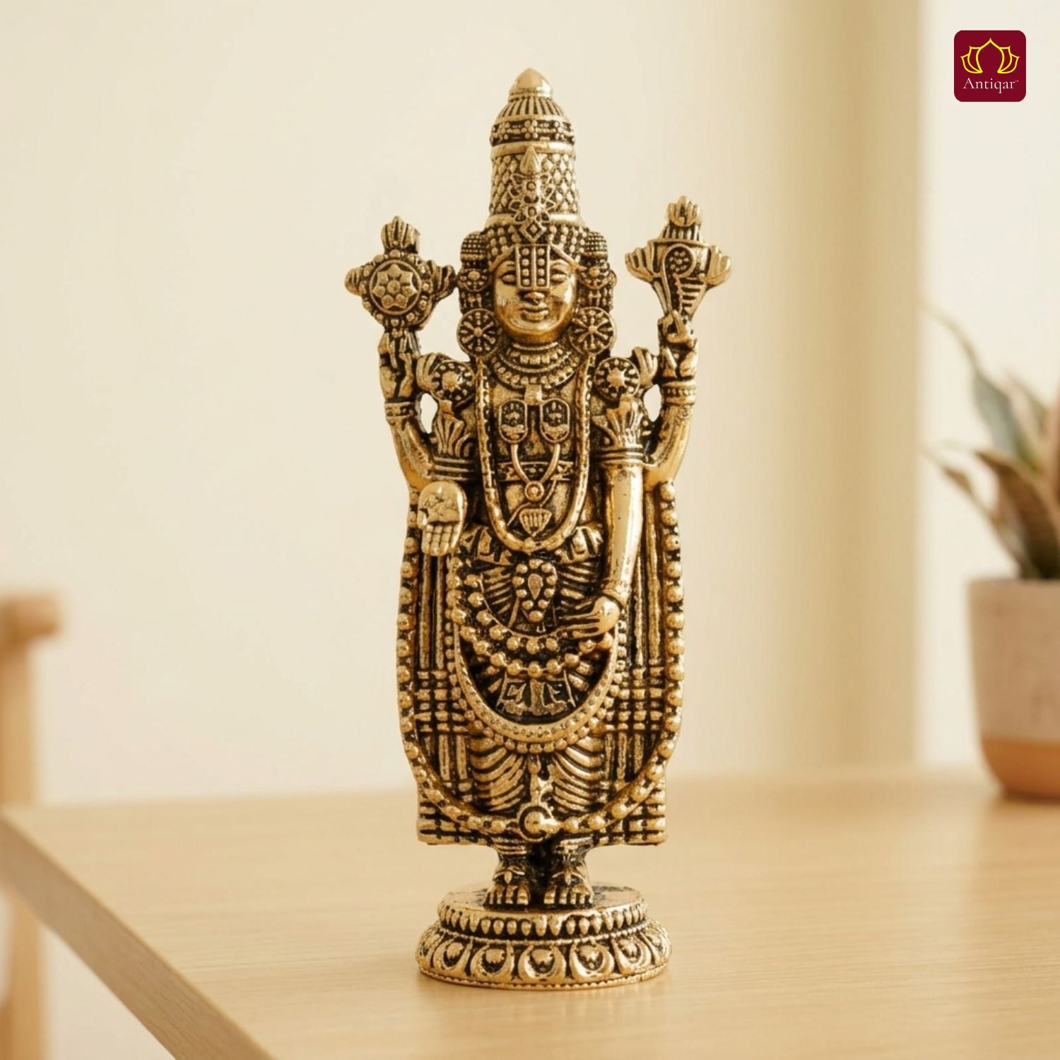Brass Tirupathi Balaji Idol - 7.5cm | Golden Finish | Handcrafted Idol for Temple, Home & Car Dashboard