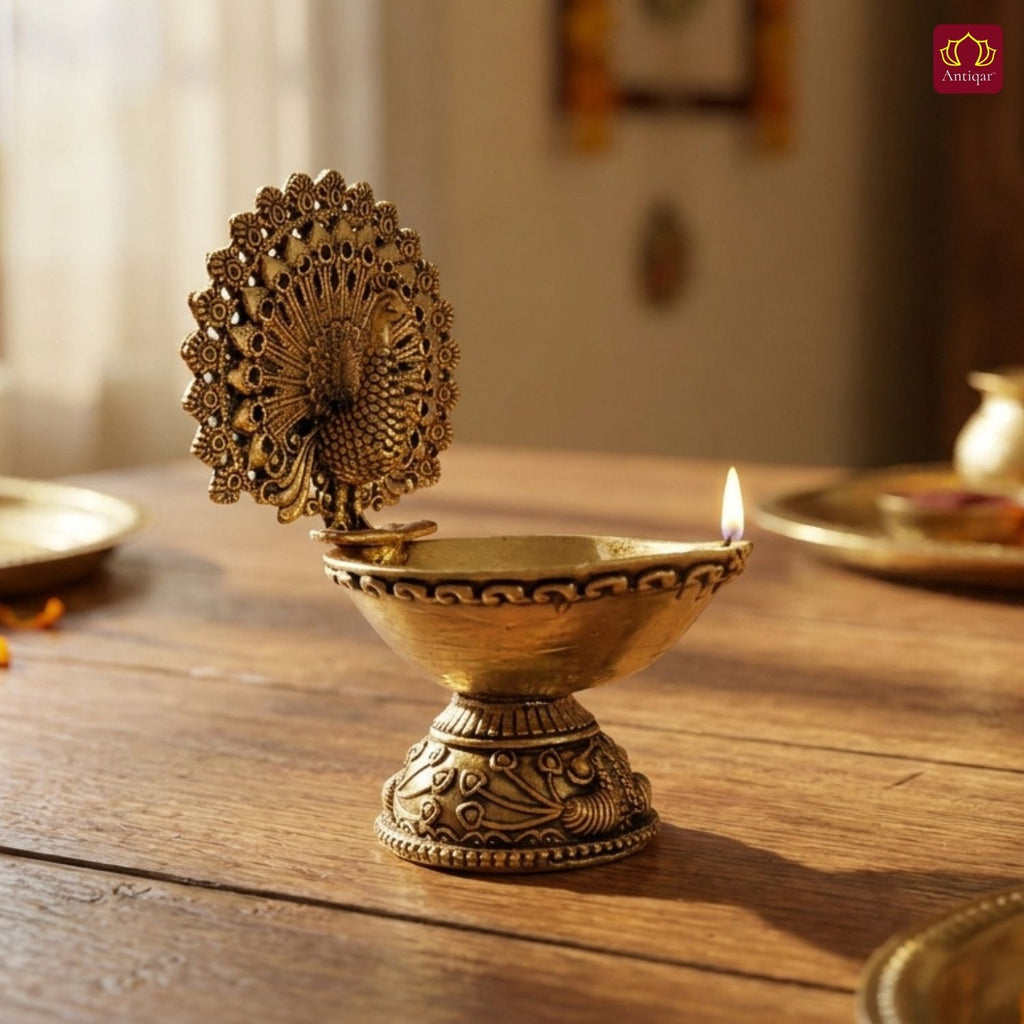 Brass Dancing Peacock on Diya - 7cm | Antique Finish | Spritual use for Pooja, Temple & Festival Decor