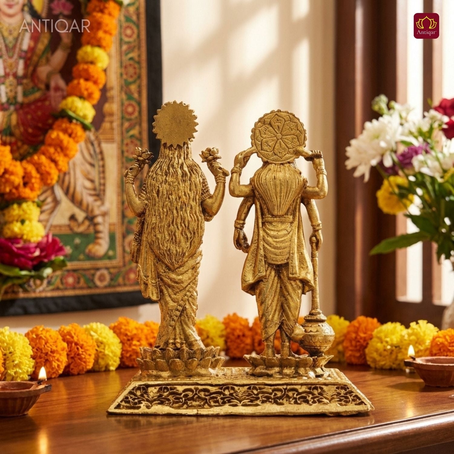 Brass Laxmi Narayan pair Idol - 8cm | Standing on Lotus | Antique Finish | Spiritual Idol for Temple & Home Decor