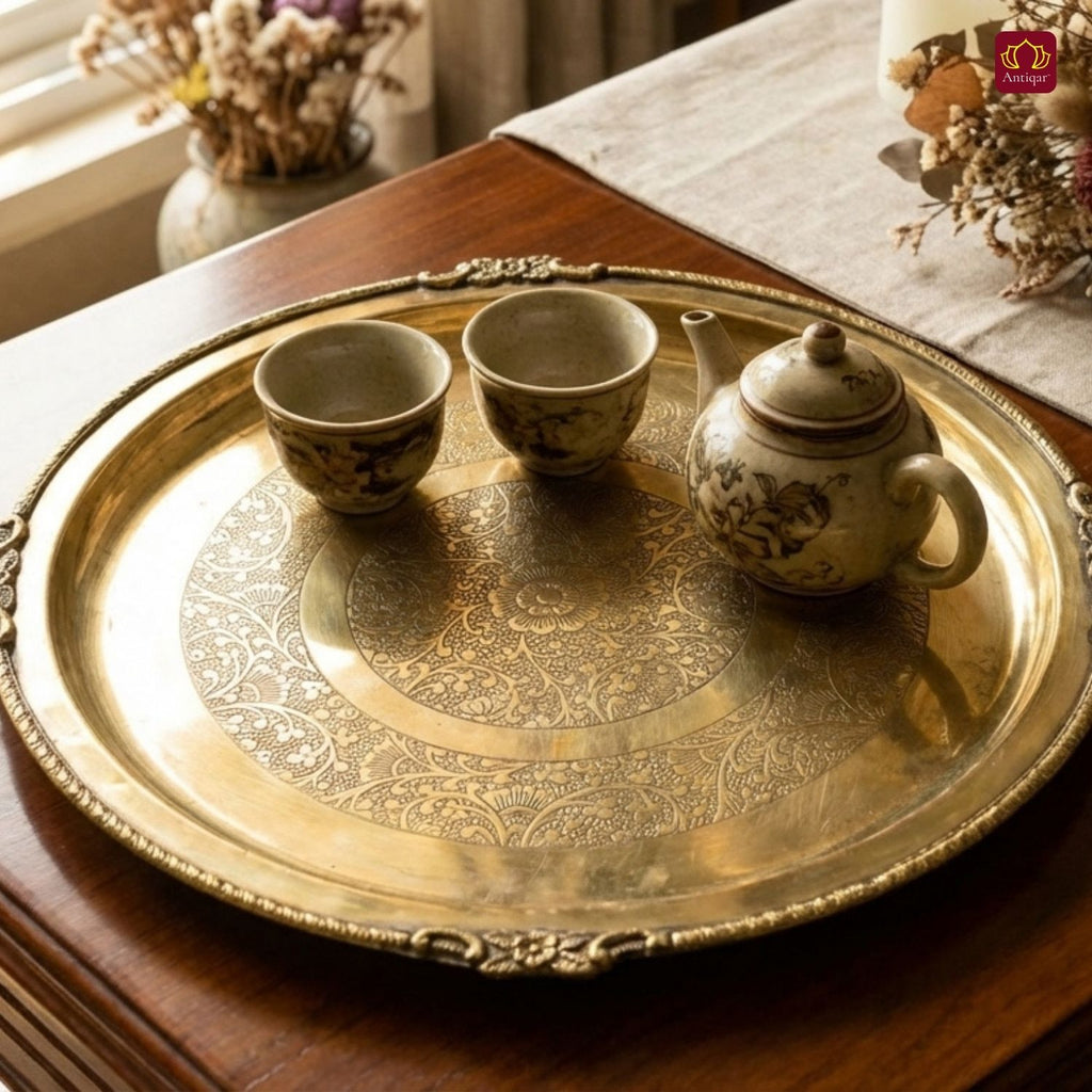 Brass Etching Design Plate - 2.5cm | Antique Golden Finish | Traditional use for Pooja in Temple, Festivals and Home