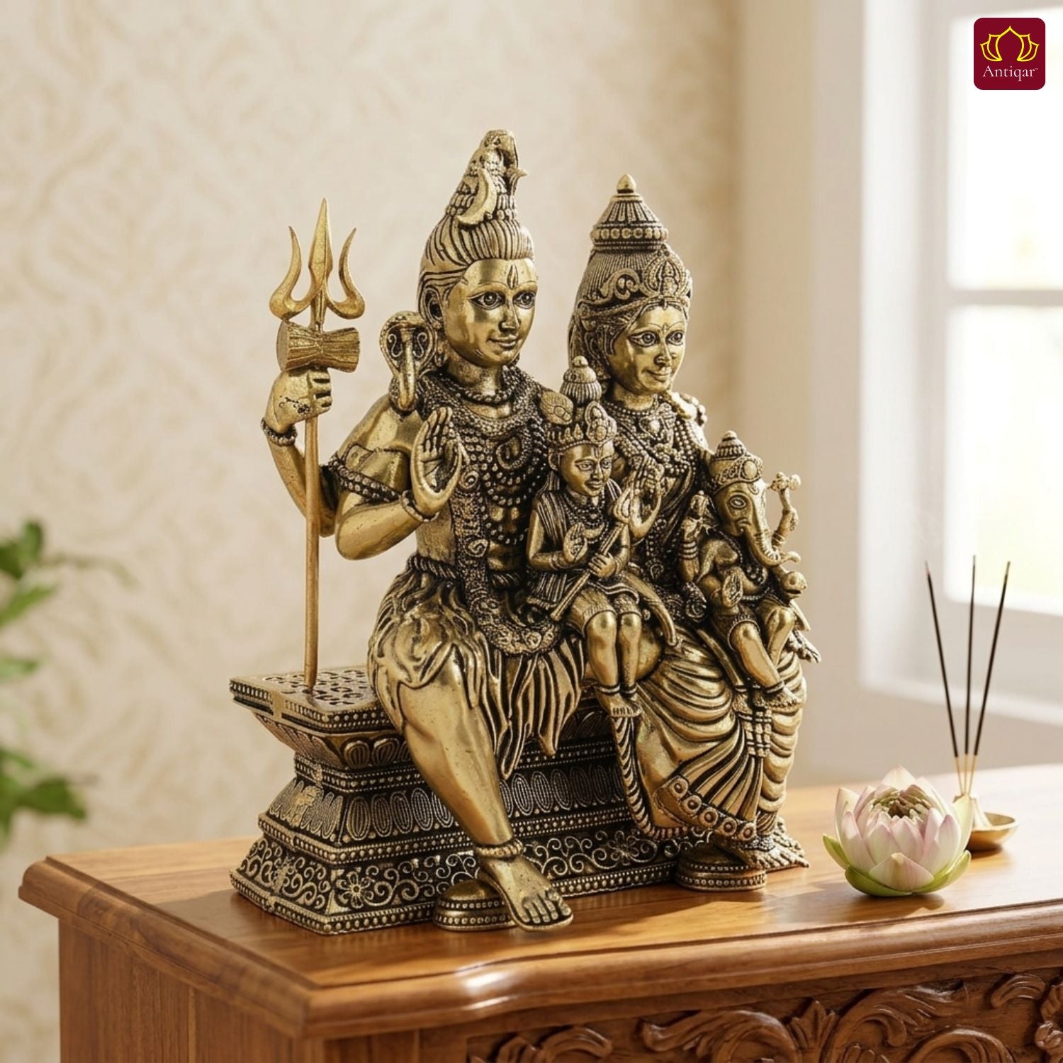 Brass Shiv Parivar Idol - 10cm | Antique Finish | Spiritual Idol for Temple & Home Decor