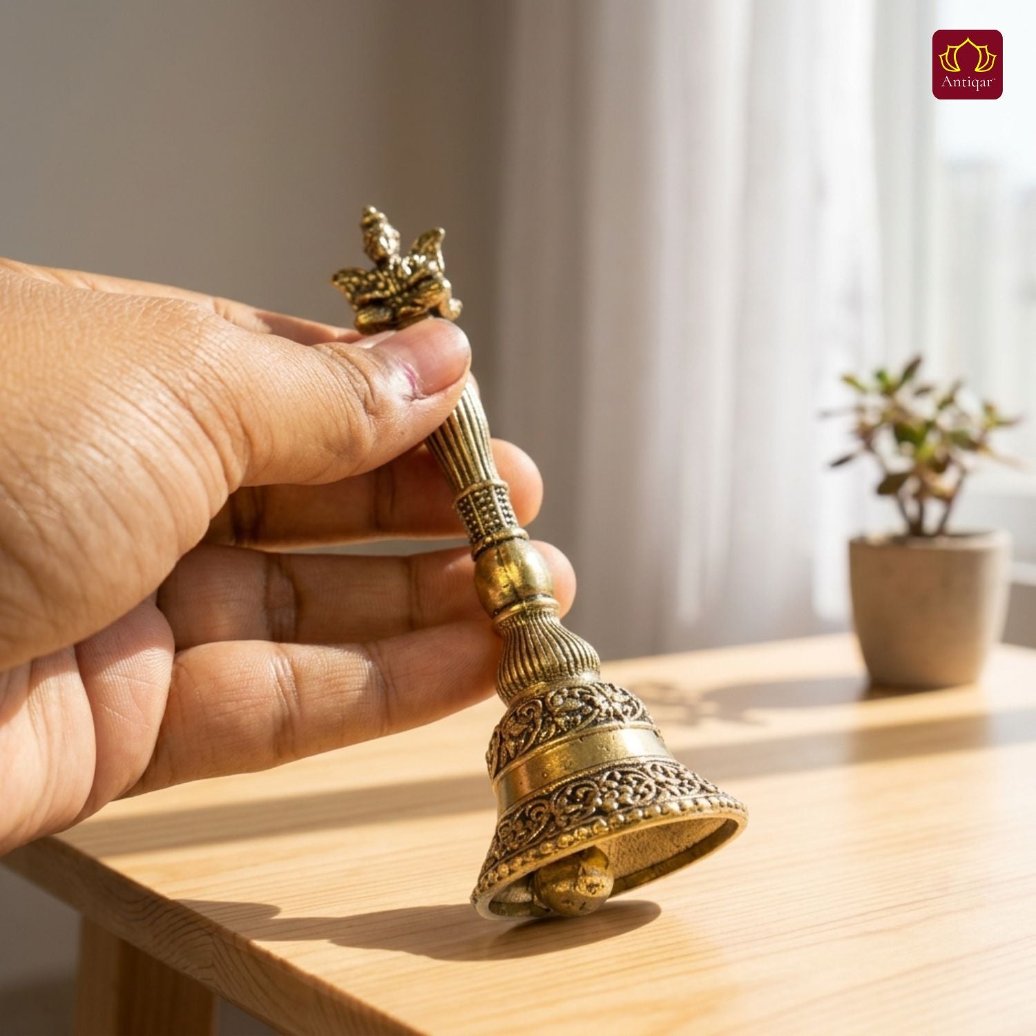 Brass Garud Ghanti - 12cm | Antique Finish | Spiritual Decor for Temple, Home & Table