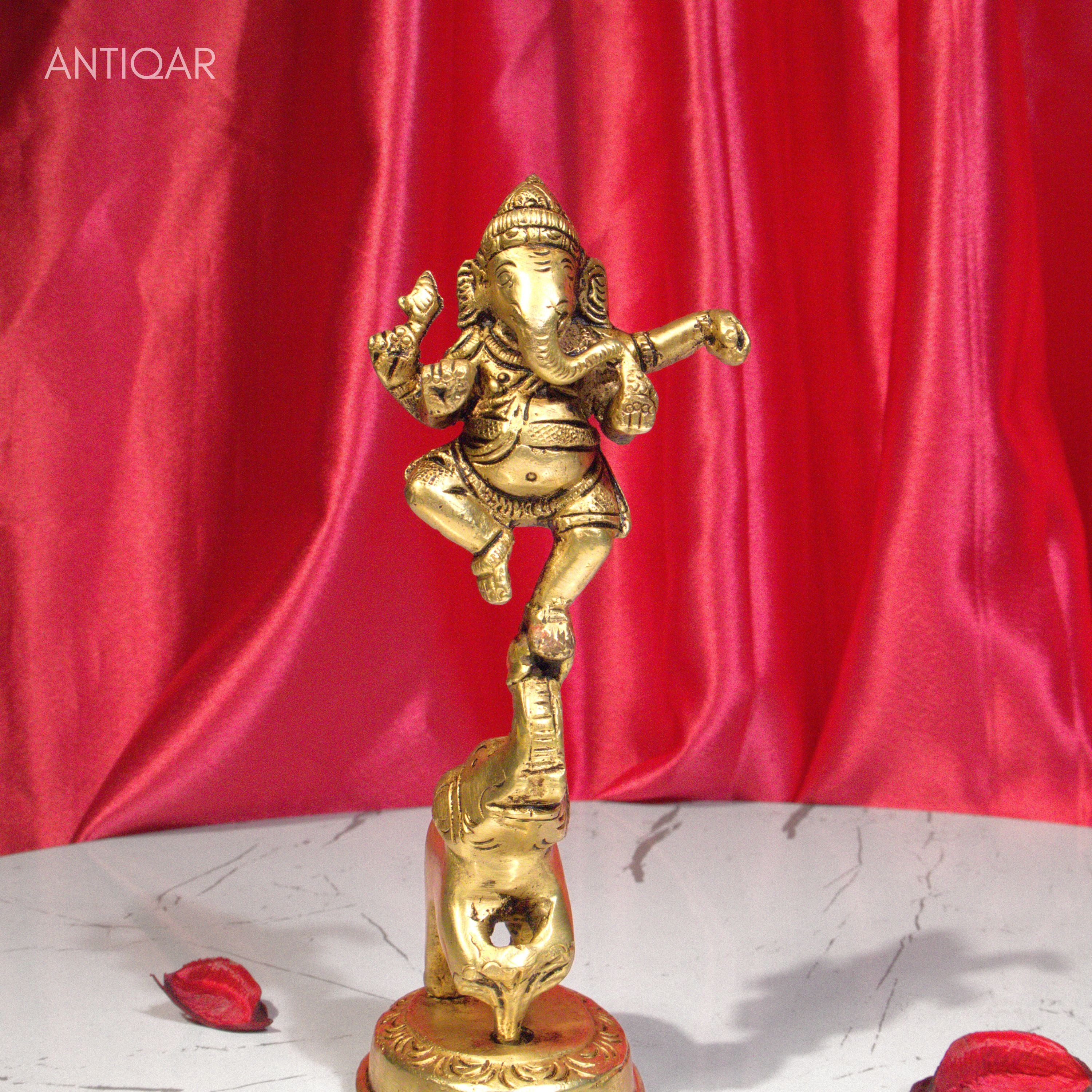 Brass Dancing Ganesha on Elephant Trunk up with Diya - 17cm | Antique Golden Finish | Handcrafted  for Pooja Temple,Home Festval Decor