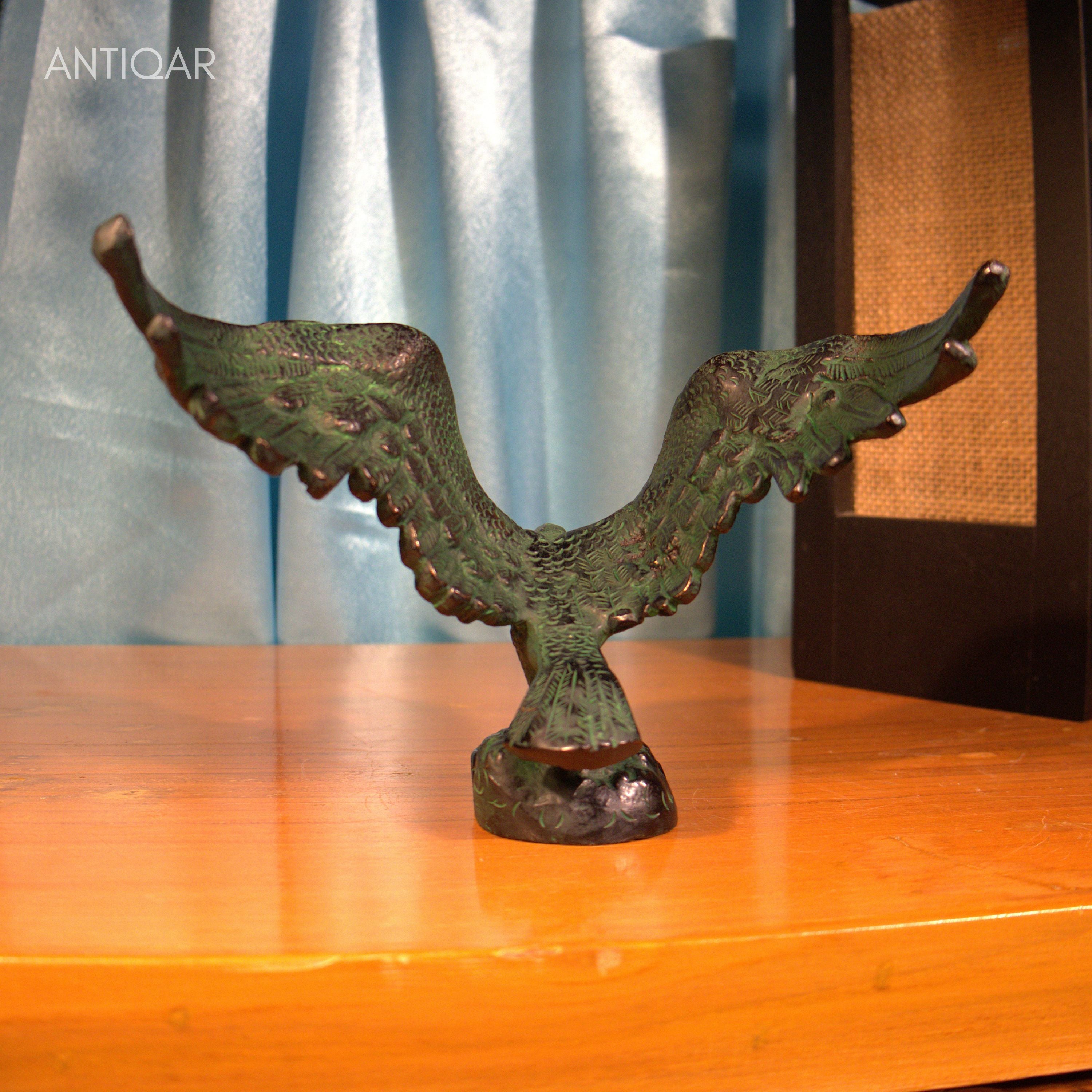 Brass Eagle with Spread Wing - 12cm | Black Green Patina Finish | Handcrafted Showpiece for Home Table Decor