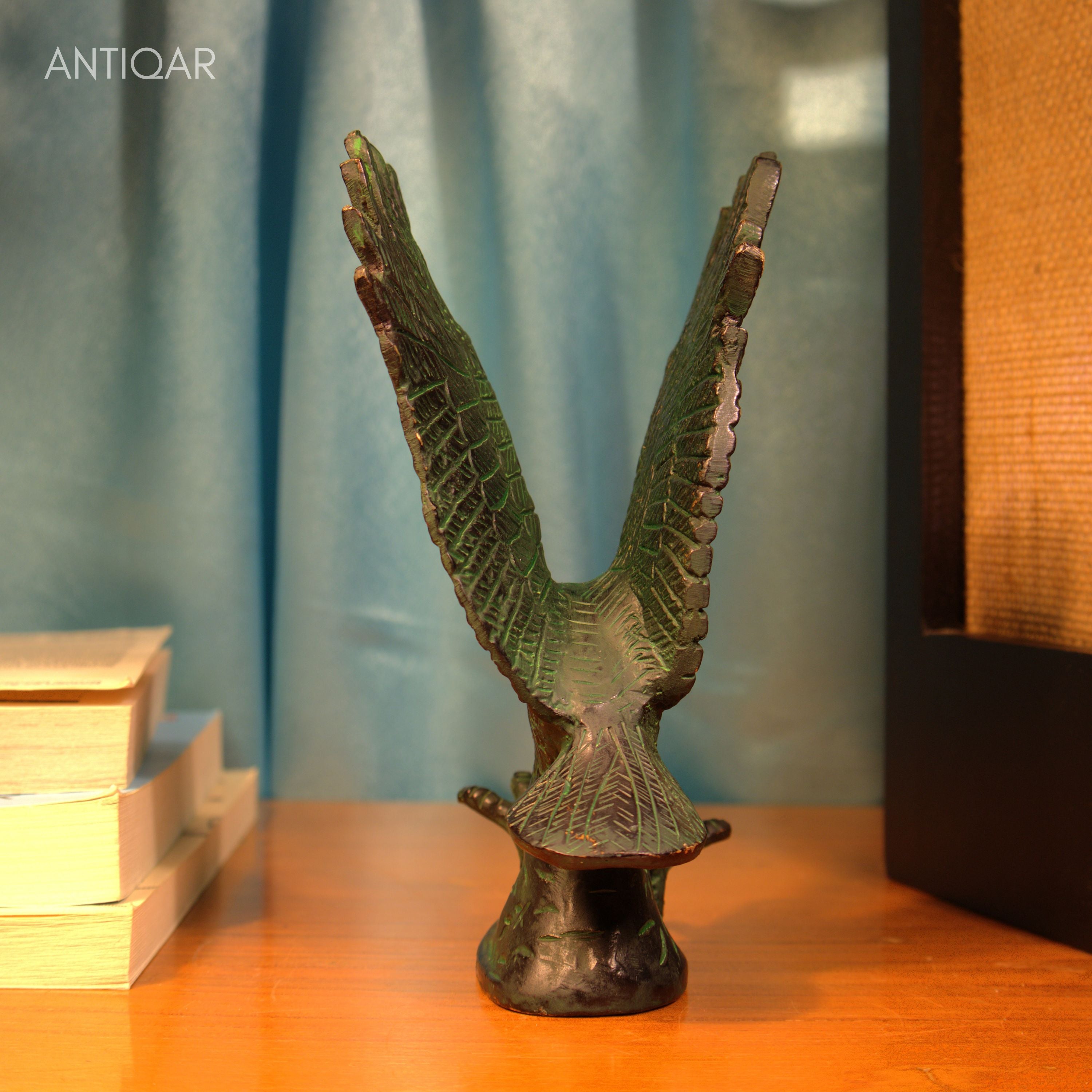 Brass Eagle with Upward Wing - 15.5cm | Green Patina Finish | Handcrafted Showpiece for Home Table Decor