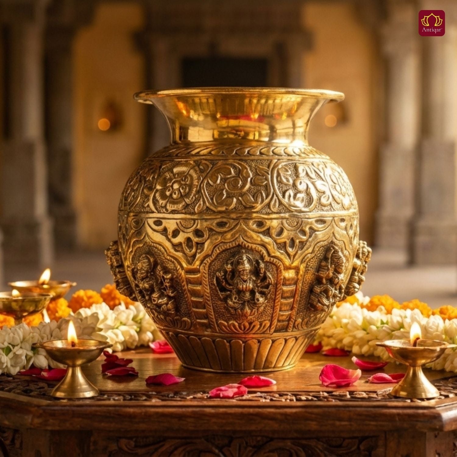 Brass Ashta Lakshmi Kalash - 16cm | Antique Yellow Finish | Spritual use for Pooja, Temple & Festival Decor