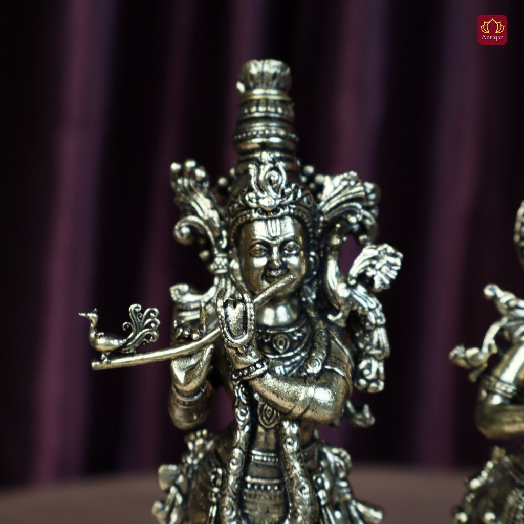 Brass Designer Radhakrishna Idol - 15cm | Antique Finish | Spiritual Idol for Temple & Home Decor