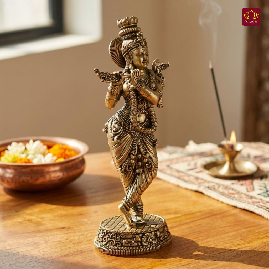 Brass Lord Krishna Idol Playing with Flute - 16.5cm | Antique Finish | Handcrafted Artwork | Home & Office Decor | Ideal for Gifting & Spiritual Blessings