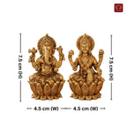 Brass Ganesh Laxmi pair Idol - 7.5cm| Sitting on Lotus | Antique Golden Finish | Spiritual Decor for Temple, Home & Car Dashboard