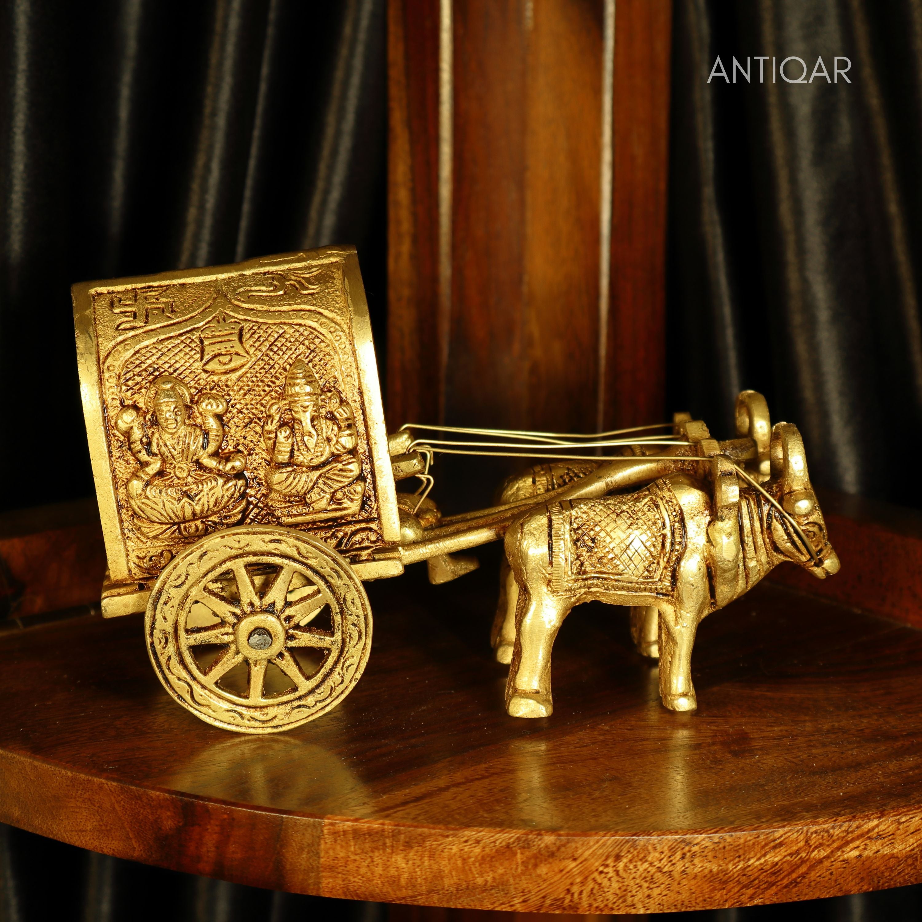 Brass Bullock Cart Showpiece – 10 cm | With Lakshmi & Ganesh Carving on Sides | Antique Golden Finish | Handcrafted Decor for Temple, Home & Festival Use