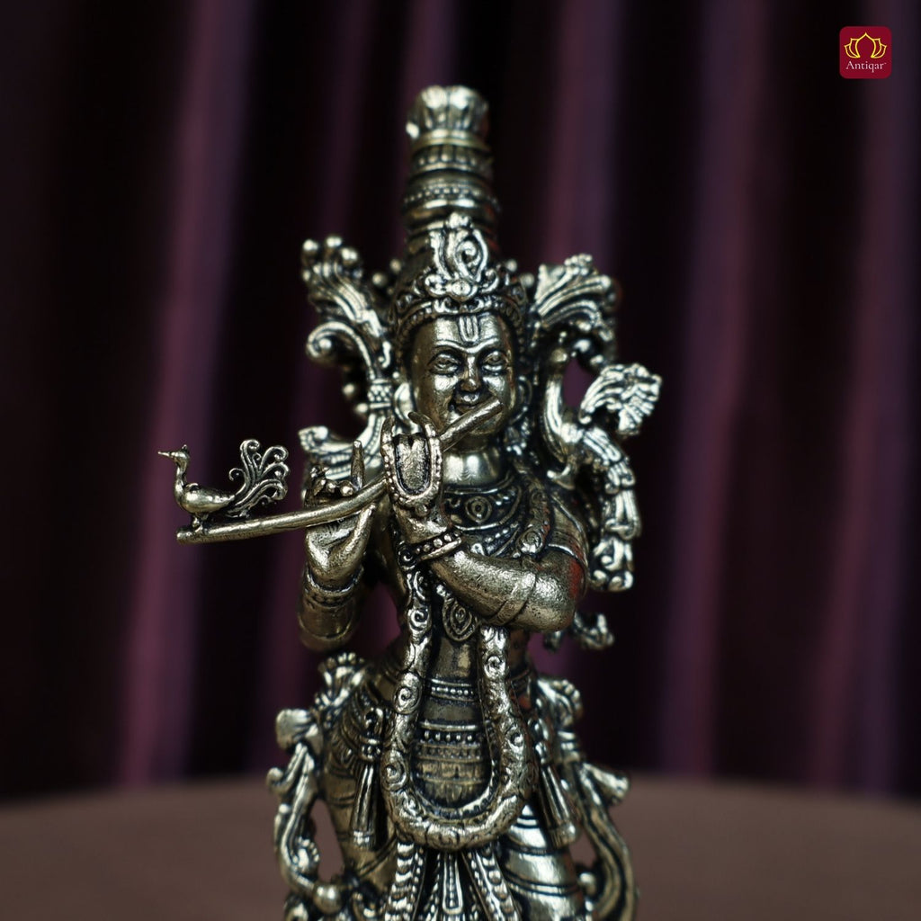 Brass Lord Krishna Idol Playing with Flute - 15cm | Antique Finish | Handcrafted Artwork | Home & Office Decor | Ideal for Gifting & Spiritual Blessings