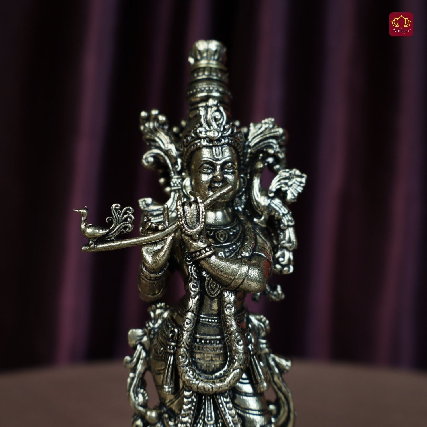 Brass Lord Krishna Idol Playing with Flute - 15cm | Antique Finish | Handcrafted Artwork | Home & Office Decor | Ideal for Gifting & Spiritual Blessings