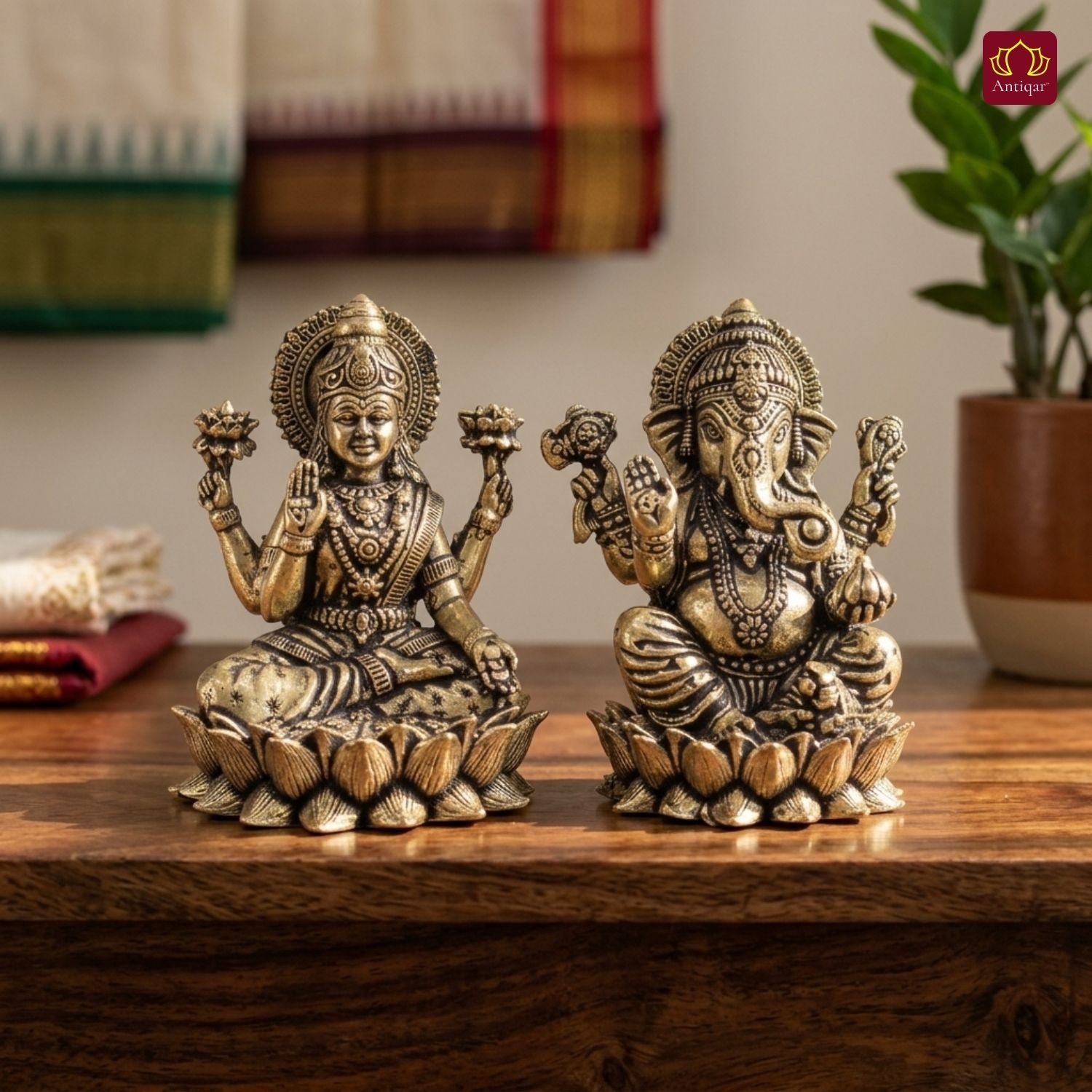 Brass Ganesh Laxmi pair Idol - 6.5cm| Sitting on Lotus | Antique Finish | Spiritual Decor for Temple, Home & Car Dashboard