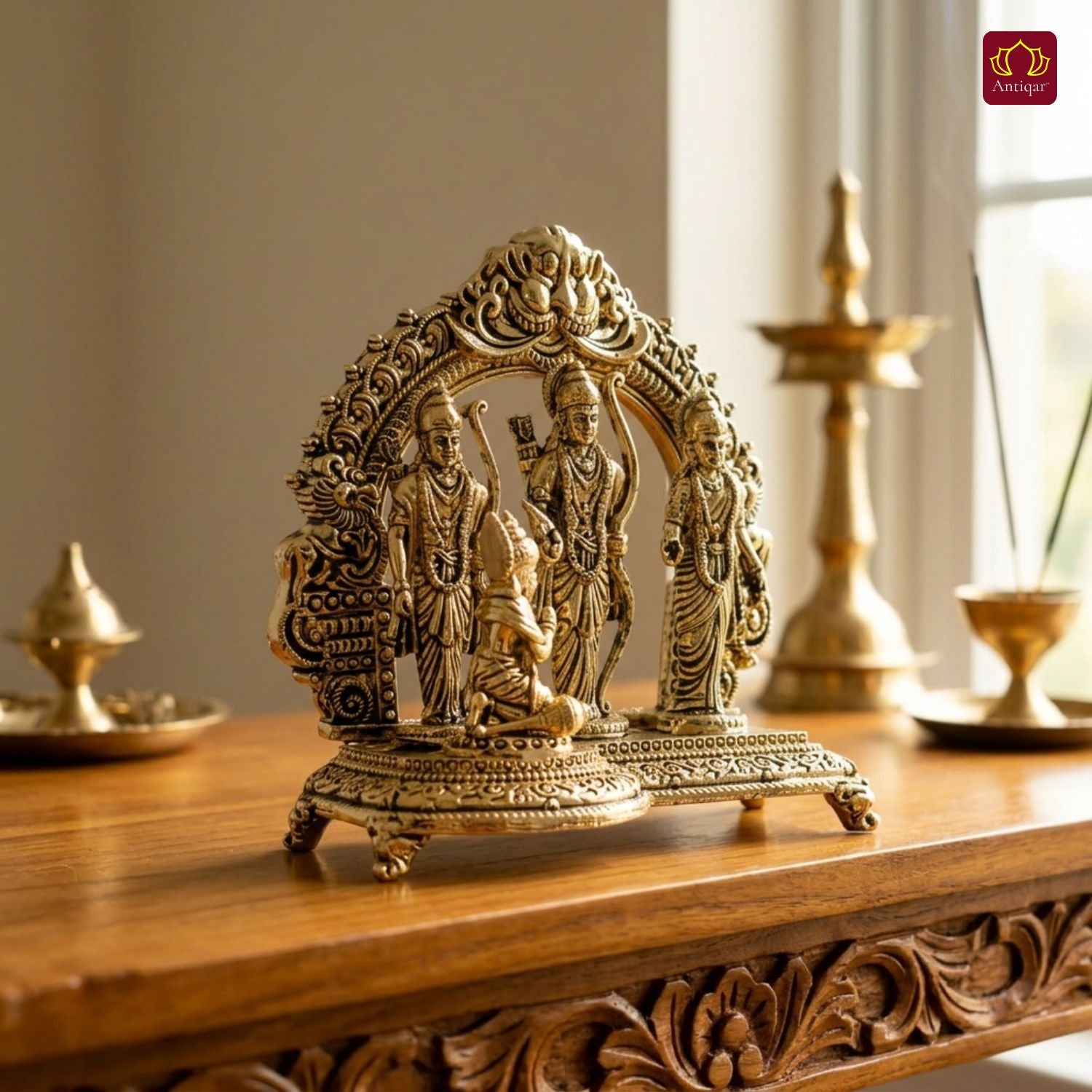 Brass Ram Darbar - 9cm | Golden Finish | Spiritual Idol for Temple & Home Decor