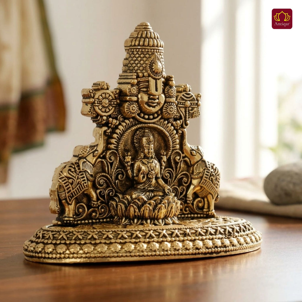Brass Tirupathi Balaji & Goddess Gajalakshmi with Vaishnava Symbols - 4.5cm | Golden Finish | Spritual use for Home, Temple & Car dashboard Decor