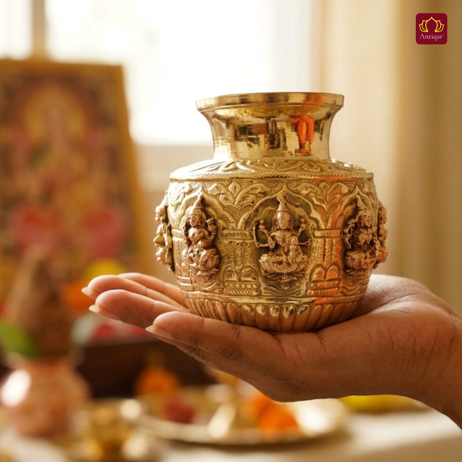 Brass Ashta Lakshmi Kalash - 11.5cm | Antique Yellow Finish | Spritual use for Pooja, Temple & Festival Decor