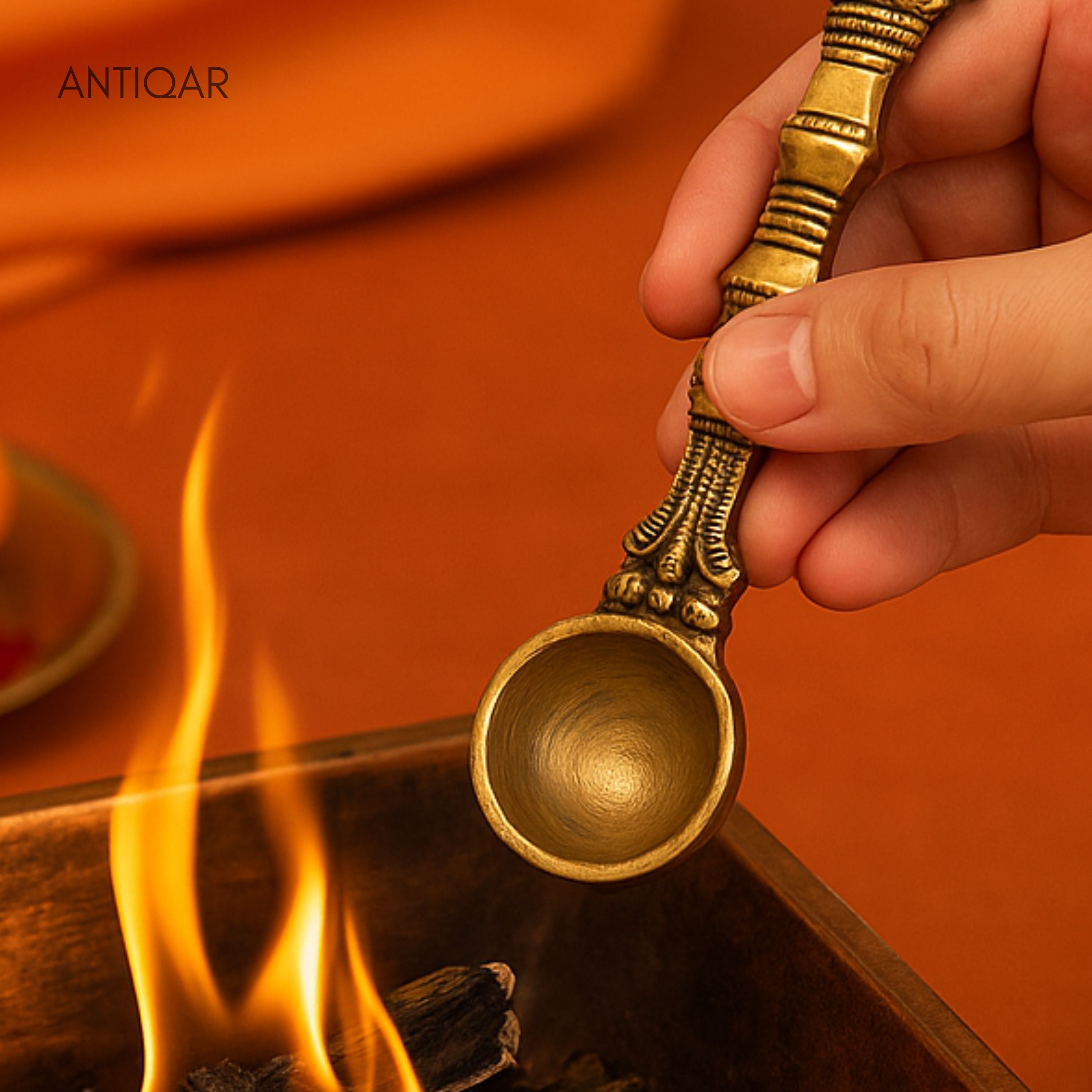 Brass Hawan Spoon – 2.5 cm | Sheshnaag Handle Design | Black Antique Finish | Handcrafted for Pooja, Temple & Festival Decor