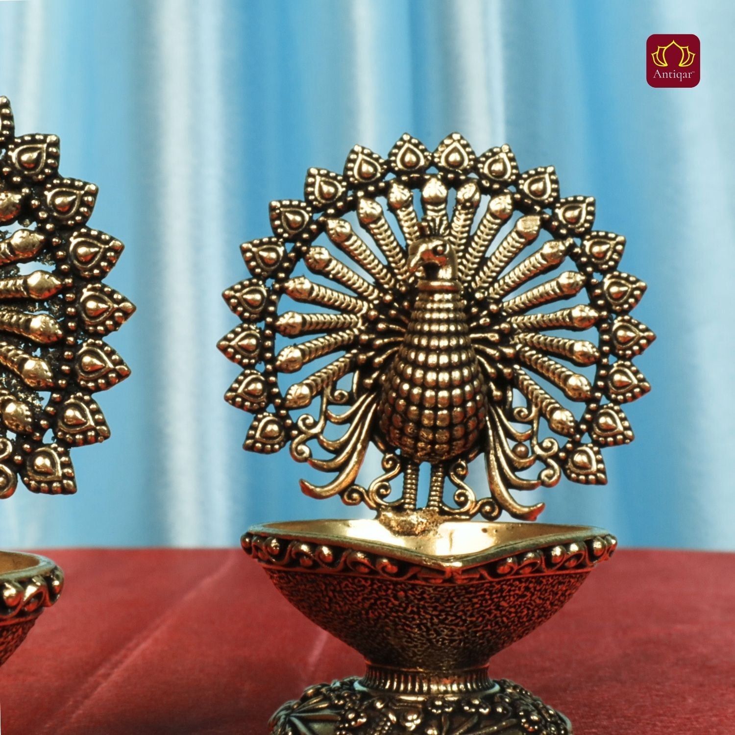 Brass Dancing Peacock on Diya - 7.5cm | Antique Finish | Spritual use for Pooja, Temple & Festival Decor (Pack of 2)