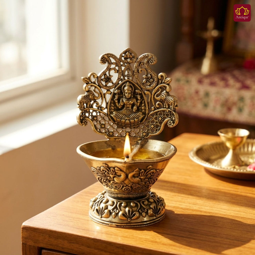 Brass Diya Laxmi Design - 10cm | Antique Finish | Spritual use for Pooja, Temple & Festival Decor