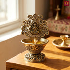Brass Diya Laxmi Design - 10cm | Antique Finish | Spritual use for Pooja, Temple & Festival Decor