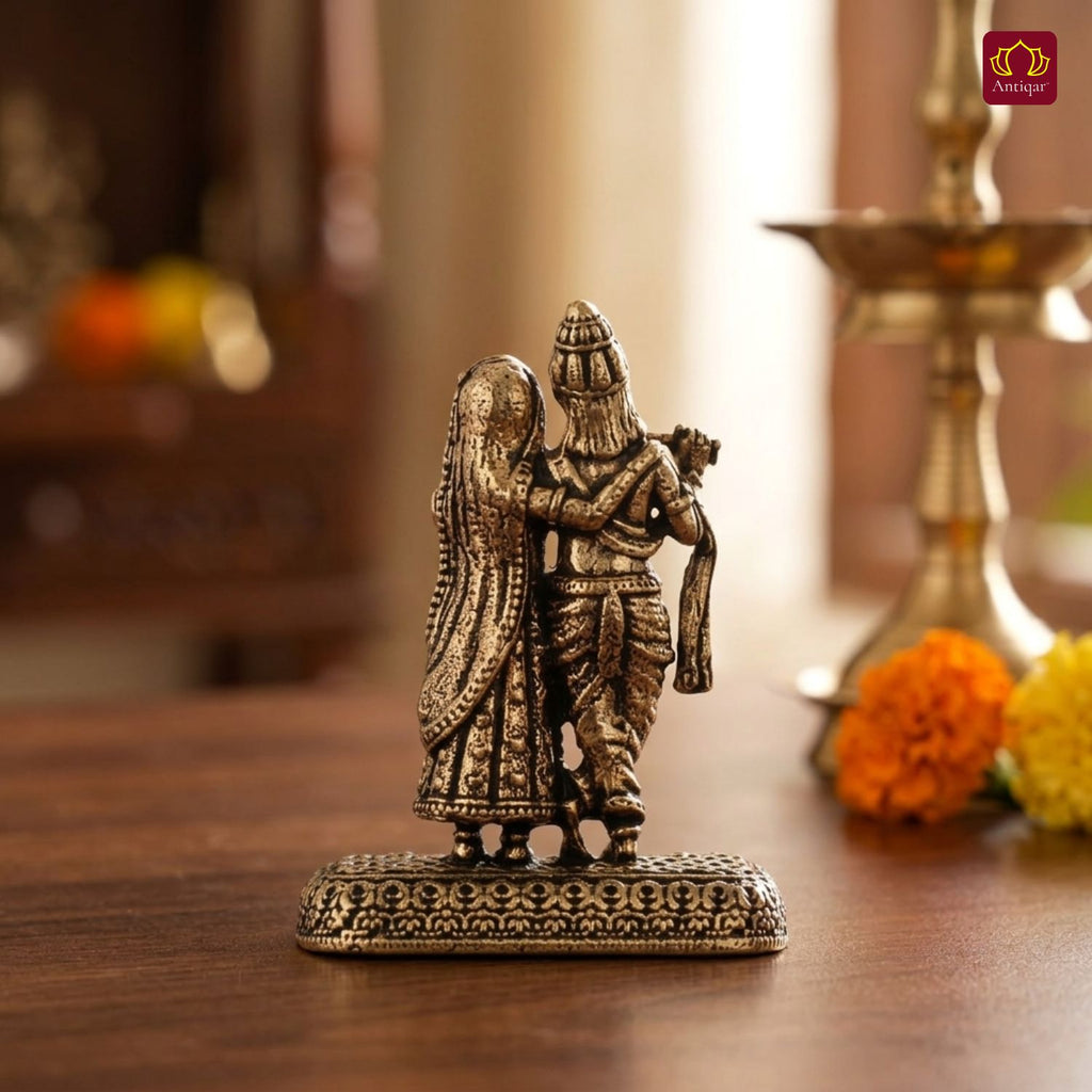 Brass Miniature RadhaKrishna Idol -4cm | Golden Finish | Spritual use for Home, Temple & Car Dashboard Decor
