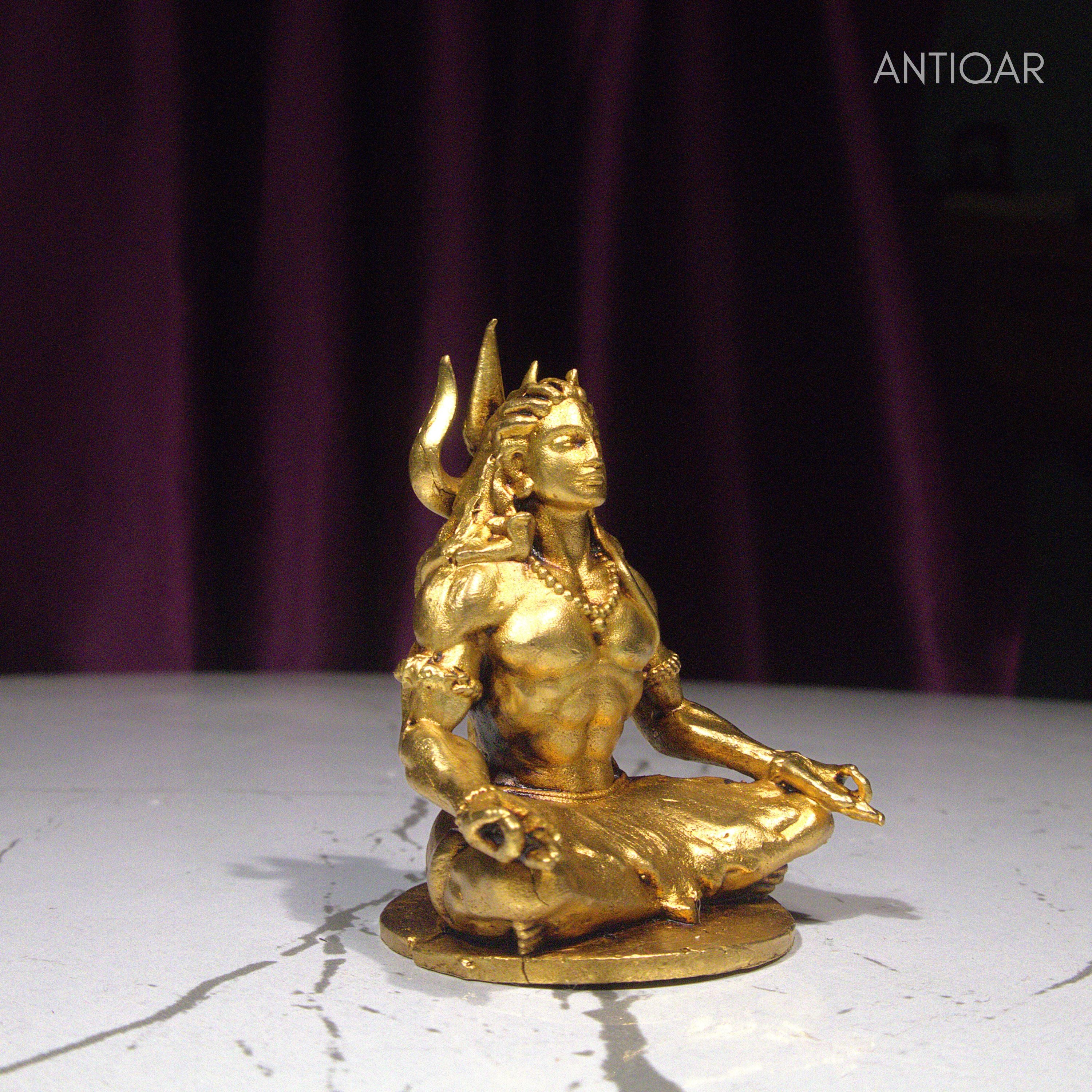 Brass Adiyogi Statue - 5cm | Antique Golden Finish | Spiritual Idol for Temple & Home Decor