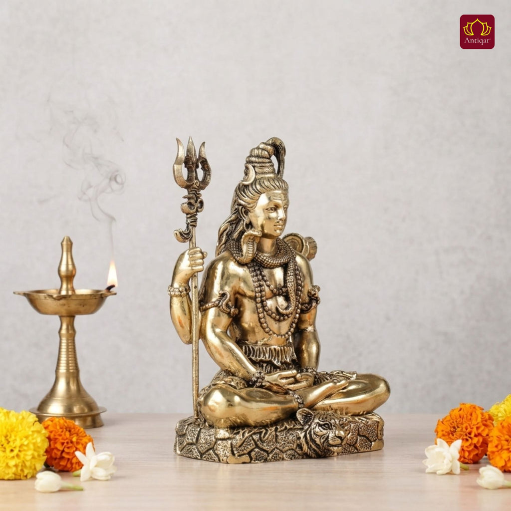 Brass Shiv Ji Idol - 8 cm | Antique Finish with Trisul | Spiritual use for Temple, Home & Car Decor