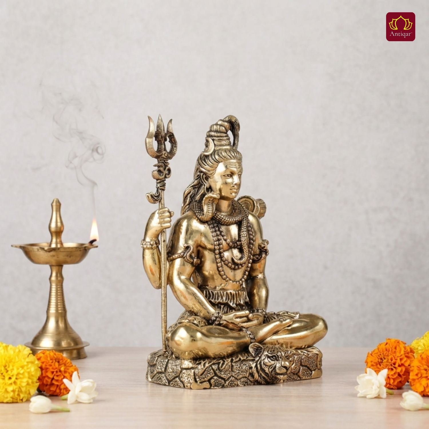 Brass Shiv Ji Idol - 8 cm | Antique Finish with Trisul | Spiritual use for Temple, Home & Car Decor